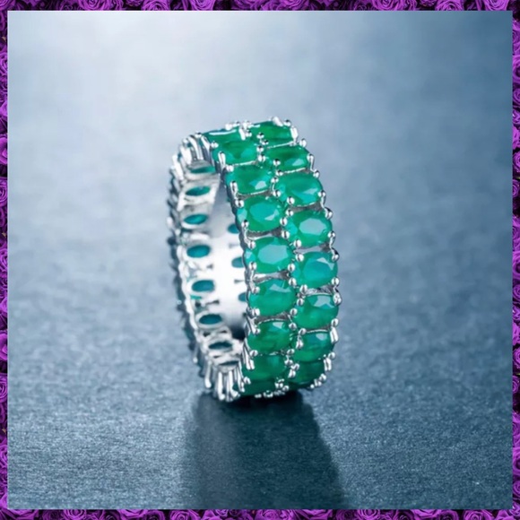 Exceptional Double Row Emerald Gemstone Paved Eternity Band - Picture 7 of 7